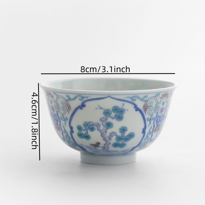 Four tone too blue and white bucket color window pine bamboo plum master cup single cup Jingdezhen vintage hand-painted tea set tea cup