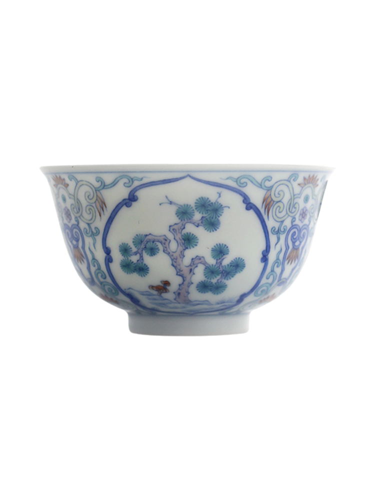 Four tone too blue and white bucket color window pine bamboo plum master cup single cup Jingdezhen vintage hand-painted tea set tea cup