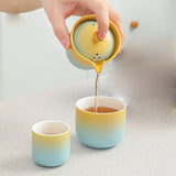 Yellow and blue gradient ceramic travel tea set