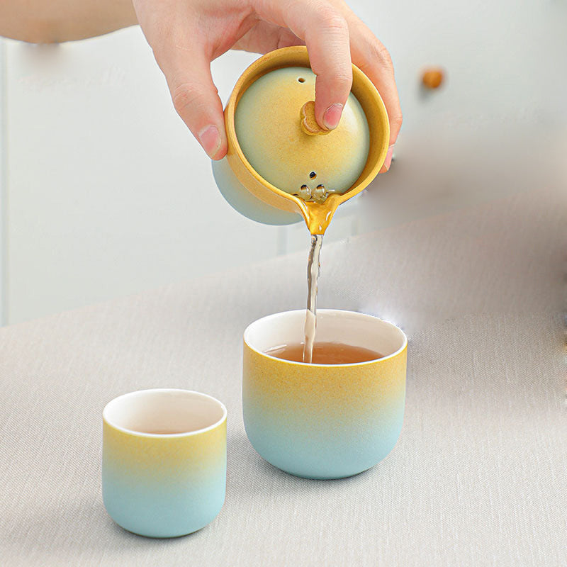 Yellow and blue gradient ceramic travel tea set