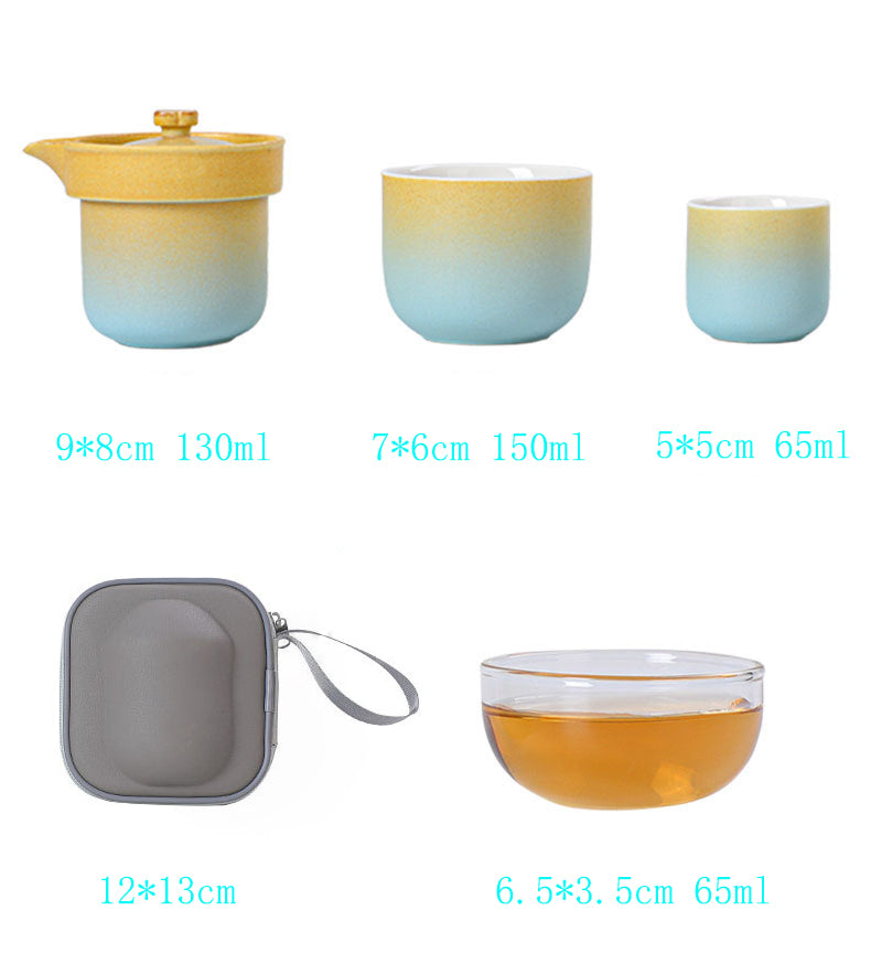 Yellow and blue gradient ceramic travel tea set