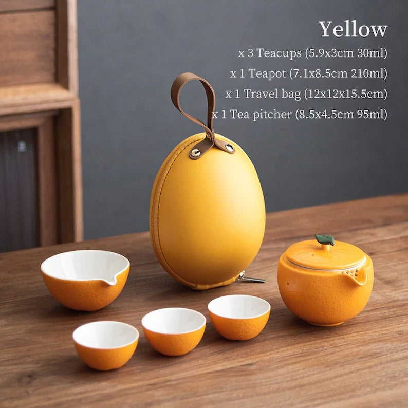 Ceramic Teapots with 3 Cups Orange Shape Travel Tea Set
