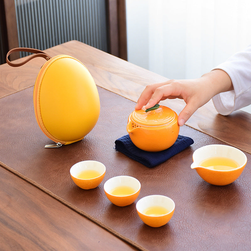 Ceramic Teapots with 3 Cups Orange Shape Travel Tea Set